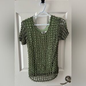 Moffi Vintage Olive Crocheted And Beaded Short Sleeve Top
